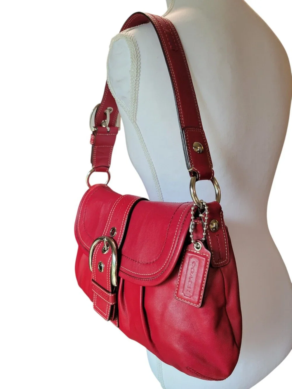 RARE Y2K Coach Cherry Red Pleated Soho Buckle Hobo Shoulder Bag Purse F15204
